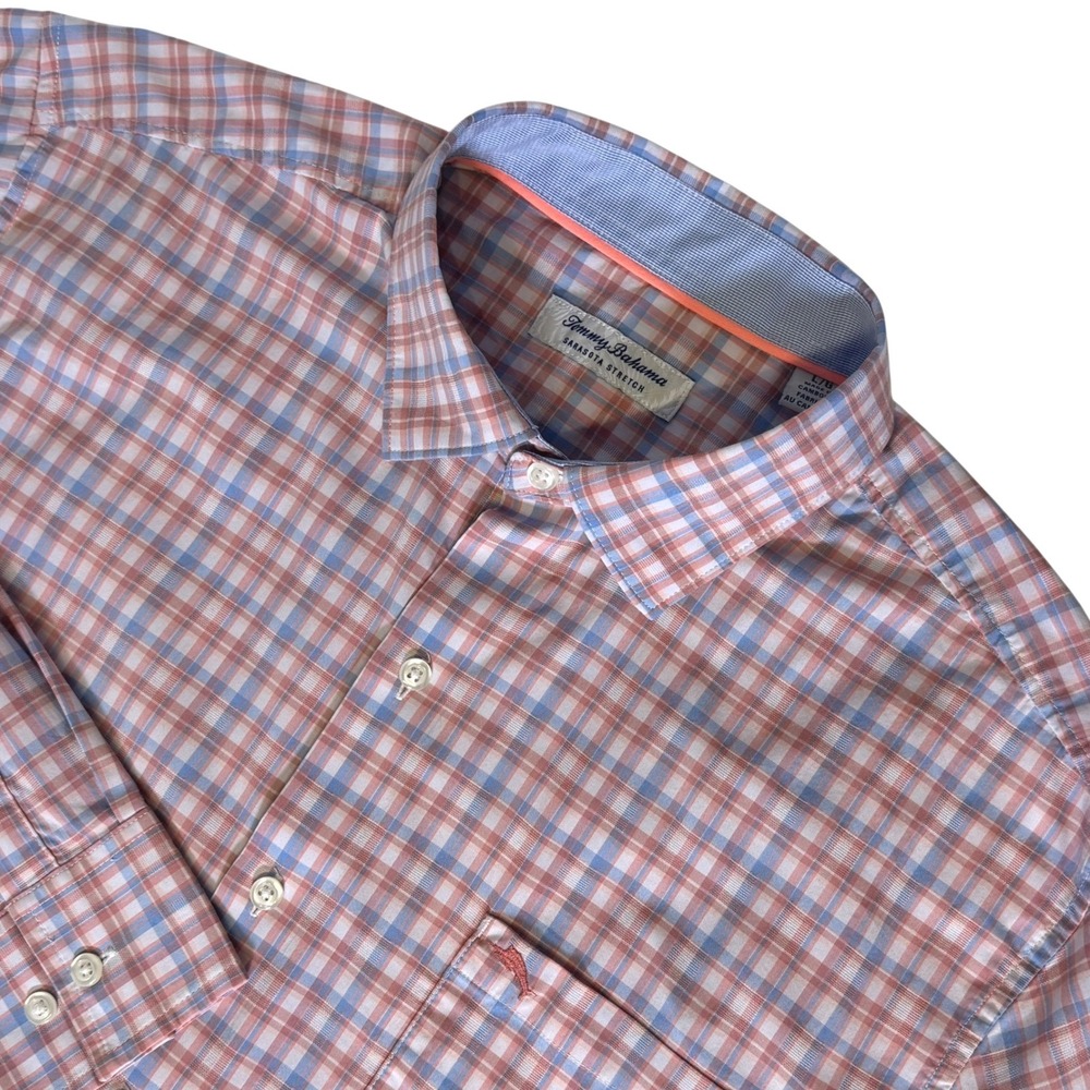 Tommy Bahama LARGE Sarasota Stretch Plaid Long Sleeve Button Up Shirt Flip Cuff